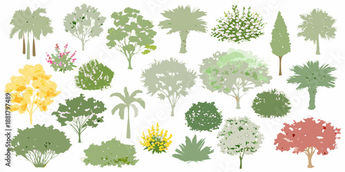 A collection of various trees and shrubbery illustrated in a simplified style