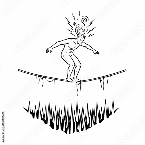 Emotional overload and mental pressure concept. Vector illustration of a figure balancing on a tightrope over sharp spikes. Minimalist black and white line art