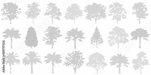 Collection of various tree silhouettes in grayscale arranged in a grid pattern