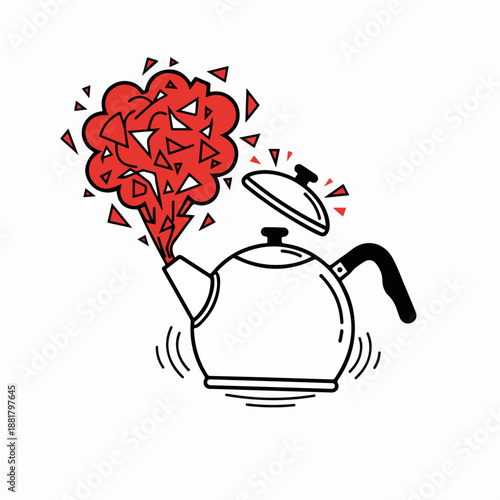 Emotional overload and pressure concept. Stylized tea kettle rattling and whistling with red steam explosion. Flat line art vector illustration isolated on white background