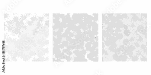Three abstract gray panels with textured mottled and decaying surface effects