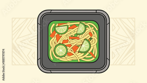 Top view of noodle dish in square container noodles