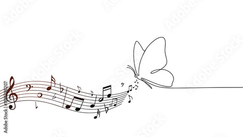 Beautiful music inspiration concept shown by musical notes on a staff flying away as a delicate line art butterfly.