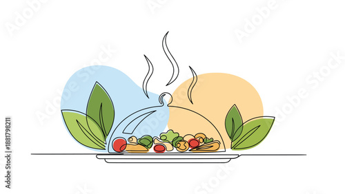 Gourmet dining and healthy meal concept featuring a steaming plate of fresh vegetables under a glass cloche.