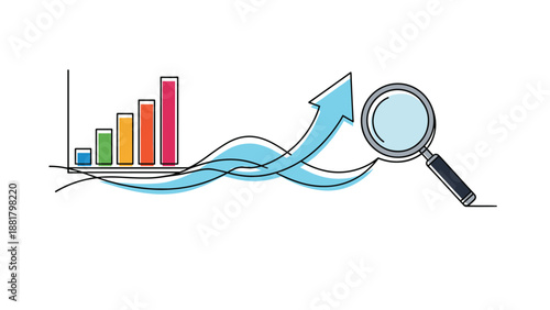 Business analysis and market research concept showing a colorful bar chart with a growing arrow and magnifying glass.