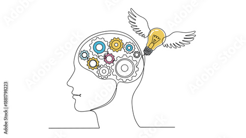 Innovative engineering and complex thinking concept showing a head filled with gears and a winged light bulb idea.