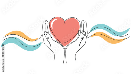 Charity support and community care concept featuring a pair of hands gently holding a red heart with flowing lines.