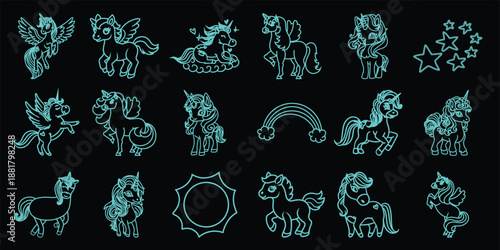 Collection of turquoise line unicorns and magical black pegasus horse