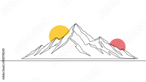 Nature landscape and adventure travel concept showing a high mountain range with two colorful abstract sun symbols.