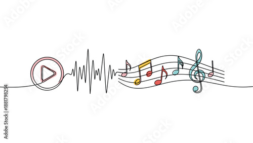Digital audio and music streaming concept with a play button, sound waves, and musical notes on a staff.