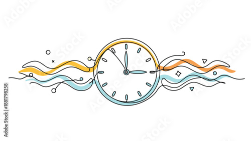 Time management and deadline concept illustrated by a wall clock with abstract flowing colorful waves around it.