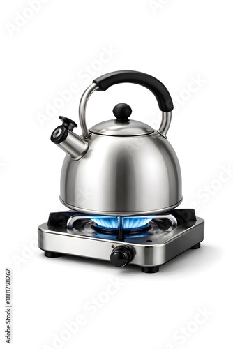 Metal kettle on portable gas burner isolated on white background