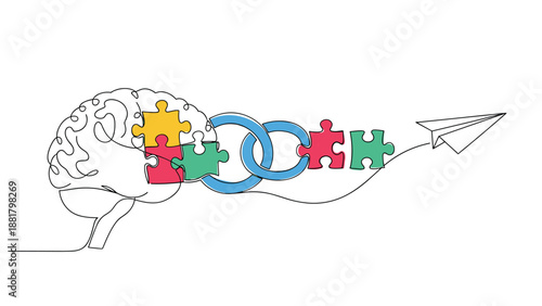 Mental logic and creative thinking concept showing a brain linked to colorful puzzle pieces and a flying paper plane.