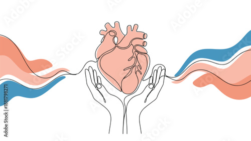 Organ donation and healthcare support concept featuring a realistic human heart held by caring hands with waves.