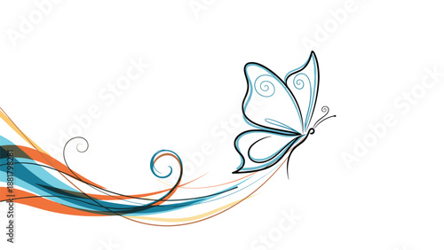 Elegance and freedom concept illustrated by a graceful butterfly flying above abstract colorful swirling lines.