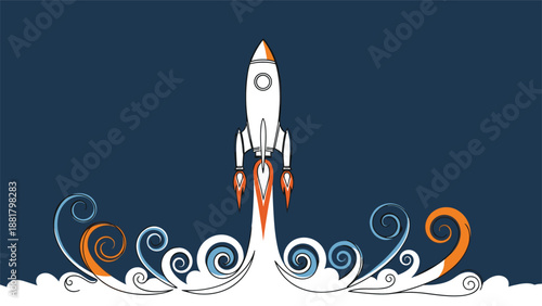 Startup success and space exploration concept featuring a white rocket launching with stylized colorful smoke swirls.