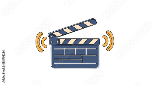 Film production and cinema industry concept featuring a professional movie clapperboard with broadcast sound symbols.