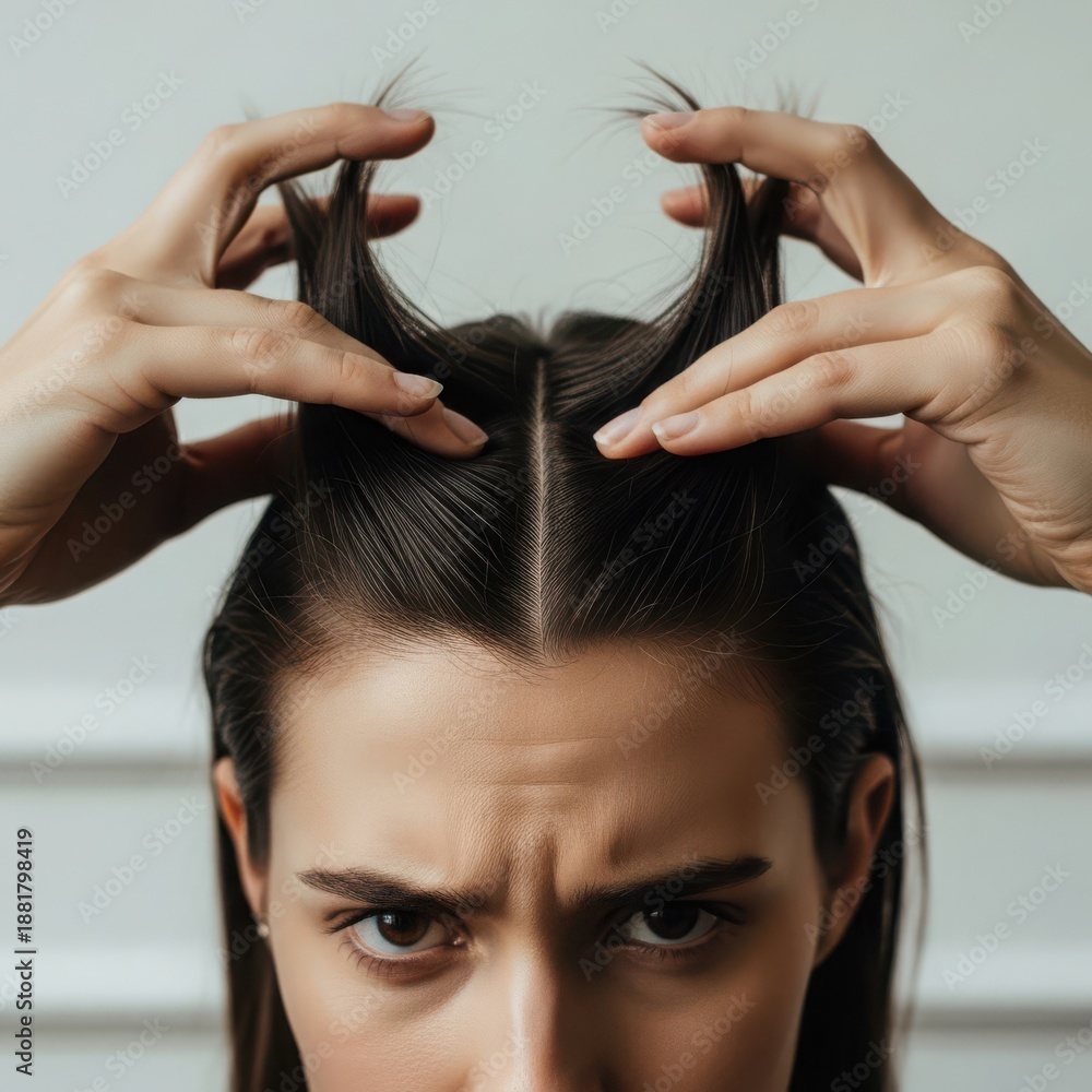 Naklejka premium Woman examining hair parting with concerned expression close up
