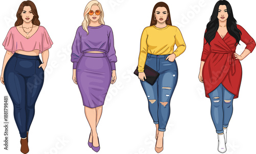 Curvy fashion illustration, stylish women outfits, trendy clothing design, body positive art, modern streetwear, diverse style sketch, fashionable female figures