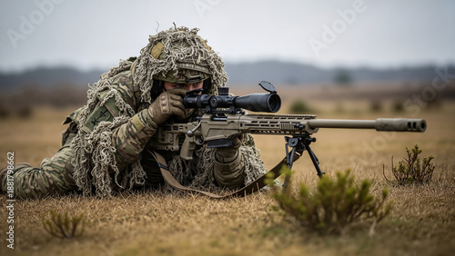 Soldier in camouflage lying on ground while aiming sniper rifle  