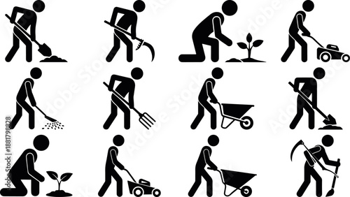 Gardening activity silhouette set showing planting, watering and yard work poses in clean flat vector, farming work silhouette figures garden icons, plant care silhouette people collection isolated