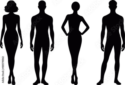 Male and female body silhouette collection showing different proportions in flat vector, human body shape silhouette people figures, standing men and women silhouette collection