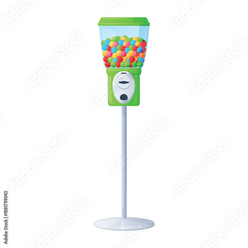An illustration of a chewing gum machine, on a white background, with colorful chewing gum balls, designed to entertain and delight children anywhere.