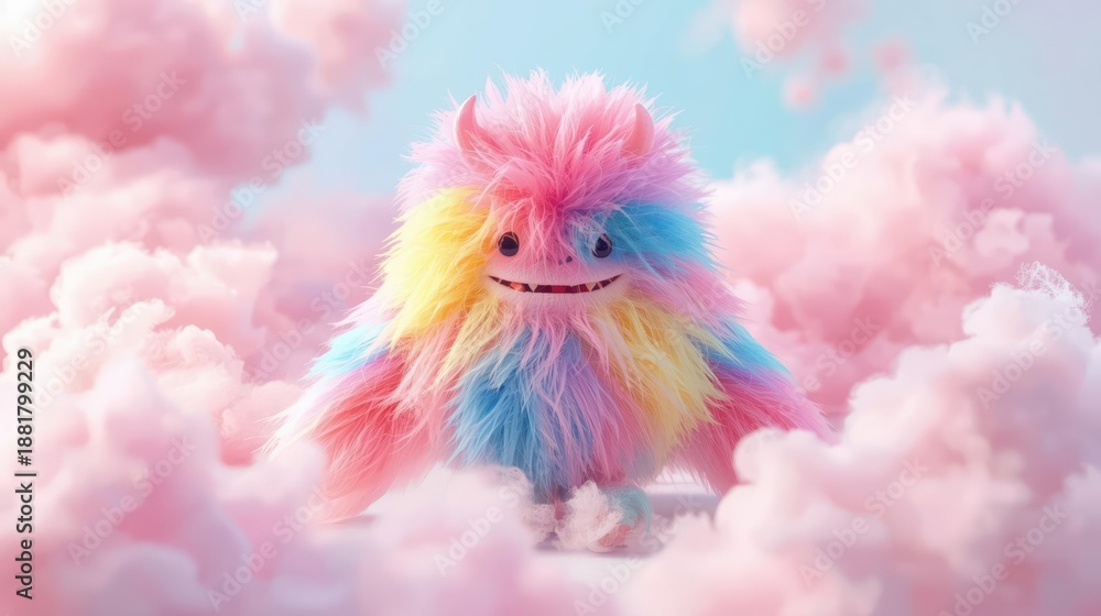 Obraz premium Cute Pastel Fluffy Monster in Dreamy Cloud Sky – Soft 3D Fantasy Character, Generative AI
