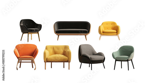 Assortment of contemporary furniture, showcasing various colorful armchairs and a loveseat on black