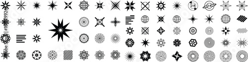 Abstract starburst doodle vector set with geometric shapes, sun icons and decorative symbols. Perfect for logos, patterns, posters, branding, social media graphics and modern creative design projects.