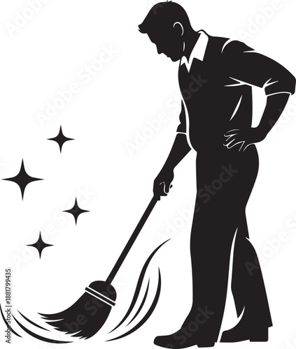 Man sweeping with broom, cleaning illustration