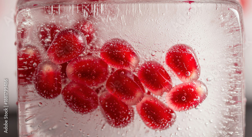 Pomegranate Seeds Suspended in Ice, a Refreshing and Cool Still Life