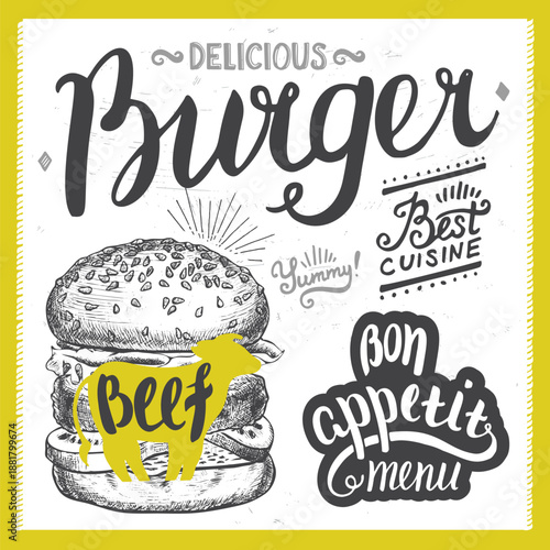 A detailed illustration of a beef burger with sesame seed bun and yellow cow graphic overlay