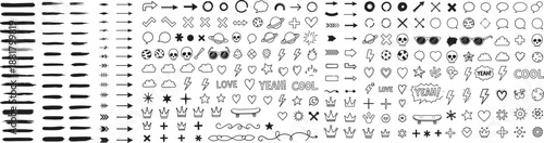 Hand drawn doodle symbols vector set with arrows, hearts, stars, skulls, crowns and speech bubbles. Perfect for social media, stickers, scrapbooking, web design, posters and creative graphic projects.