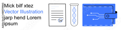 Biotechnology, digital security, legal agreements, financial technology, data privacy, DNA tracking. Icons display a legal document, DNA sample and a digital wallet. Biotechnology and digital