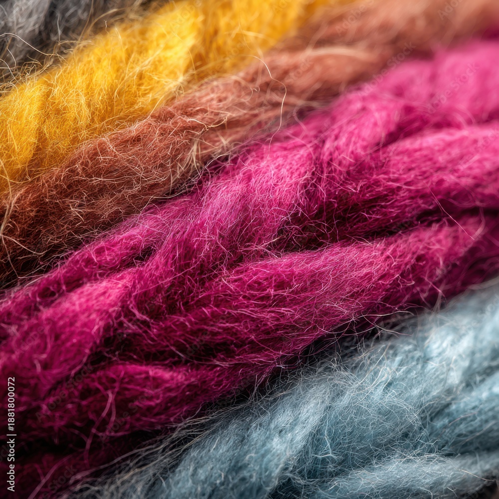 Fototapeta premium Extreme close up of thick woolen yarn strands in vibrant colors woolly fiber