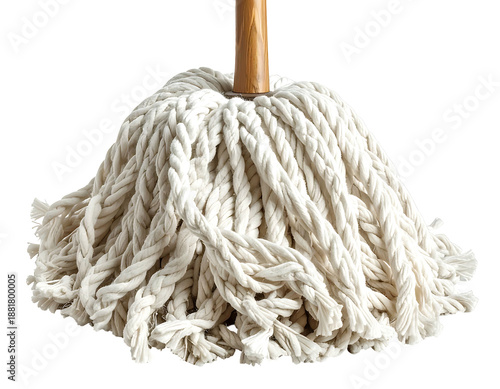 A fluffy, white cotton mop head with a wooden handle, ready for cleaning