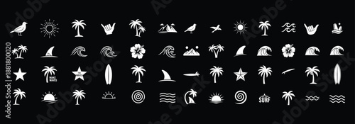 Minimal white summer beach icon set on black background with palm trees, waves, birds, surf symbols and sun elements. Ideal for travel branding, apps, logos, posters and tropical design projects.