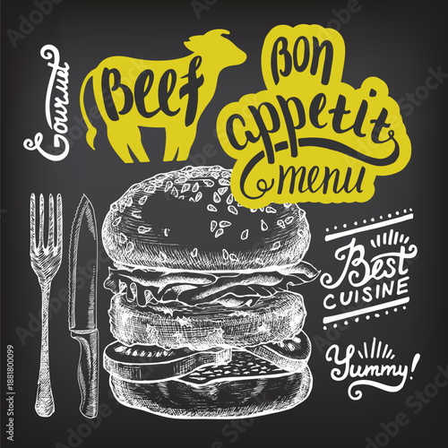 Illustration of a juicy burger with sesame seeds, accompanied by a fork and knife on a dark background