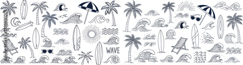 Hand drawn summer beach line art vector set with palm trees, surfboards, ocean waves, umbrellas and sun icons. Perfect for tropical designs, travel branding, posters, social media and vacation themes.