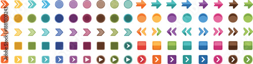 Colorful UI arrow and button icon vector set collection. Modern navigation symbols with circles, squares and play buttons. Perfect for apps, websites, games, interfaces and digital design projects.