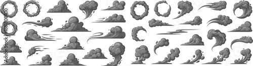 Cartoon smoke cloud and swirling vapor effects vector set. Dynamic explosion puffs, speed trails and steam shapes. Perfect for comics, games, animations, logos and creative visual projects.