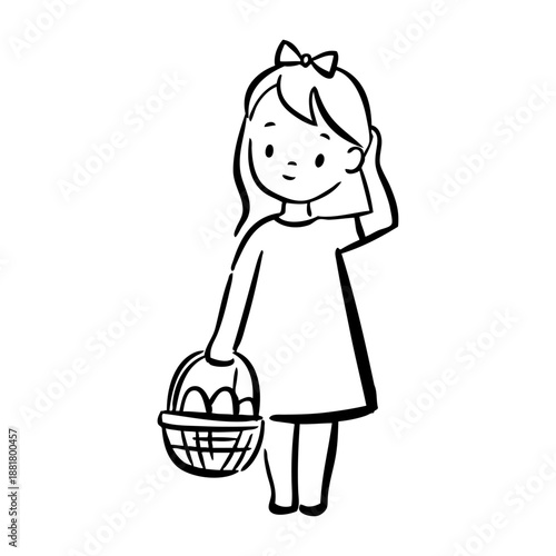 Dibujo sencillo de una niña de pie sosteniendo en la mano una cesta llena de huevos de pascua, buscando dulces