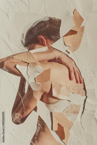 female body fragments collage, hands shoulders back, faceless woman