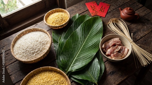 Traditional ingredients for Vietnamese Tet sticky rice cakes Banh Chung on a wooden table, featuring dong leaves, mung beans, pork, and red lucky envelopes.