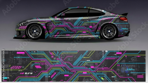 A modern sports car featuring a vibrant, futuristic circuit board-inspired wrap design, with the design pattern shown separately.