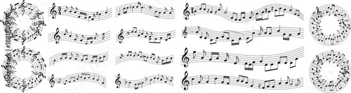 Music notes and staff lines decorative vector set collection. Elegant melody symbols, treble clef and circular compositions. Perfect for posters, album covers, branding, musical design projects.