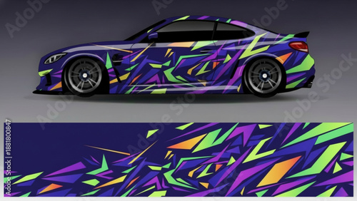 Modern sports car with a vibrant abstract geometric vinyl wrap design, showcasing sharp angular shapes in purple, green, and orange on a dark background.