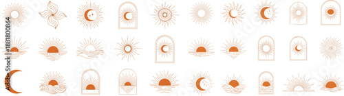 Boho sun and moon line art icon set for branding. Minimal celestial symbols with sunrise, sunset and abstract rays. Perfect for logos, tattoos, posters, social media and digital designs projects.