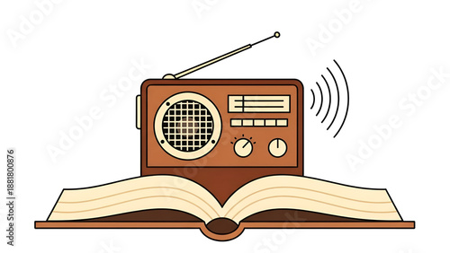 An open book with a vintage radio on top, emitting sound waves, on a flat surface, viewed from the front.